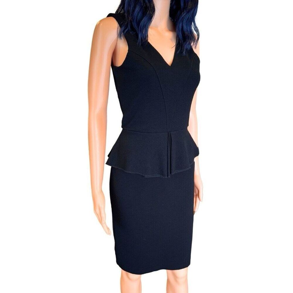 GANNI Anthropologie Eleanor Black Peplum V Neck Pencil Dress Small Cocktail - Picture 3 of 6
